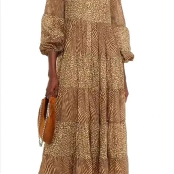 $1083 Zimmermann Button Front Empire Tiered Leopard Zebra Dress Brown Sz… - Picture 2 of 11